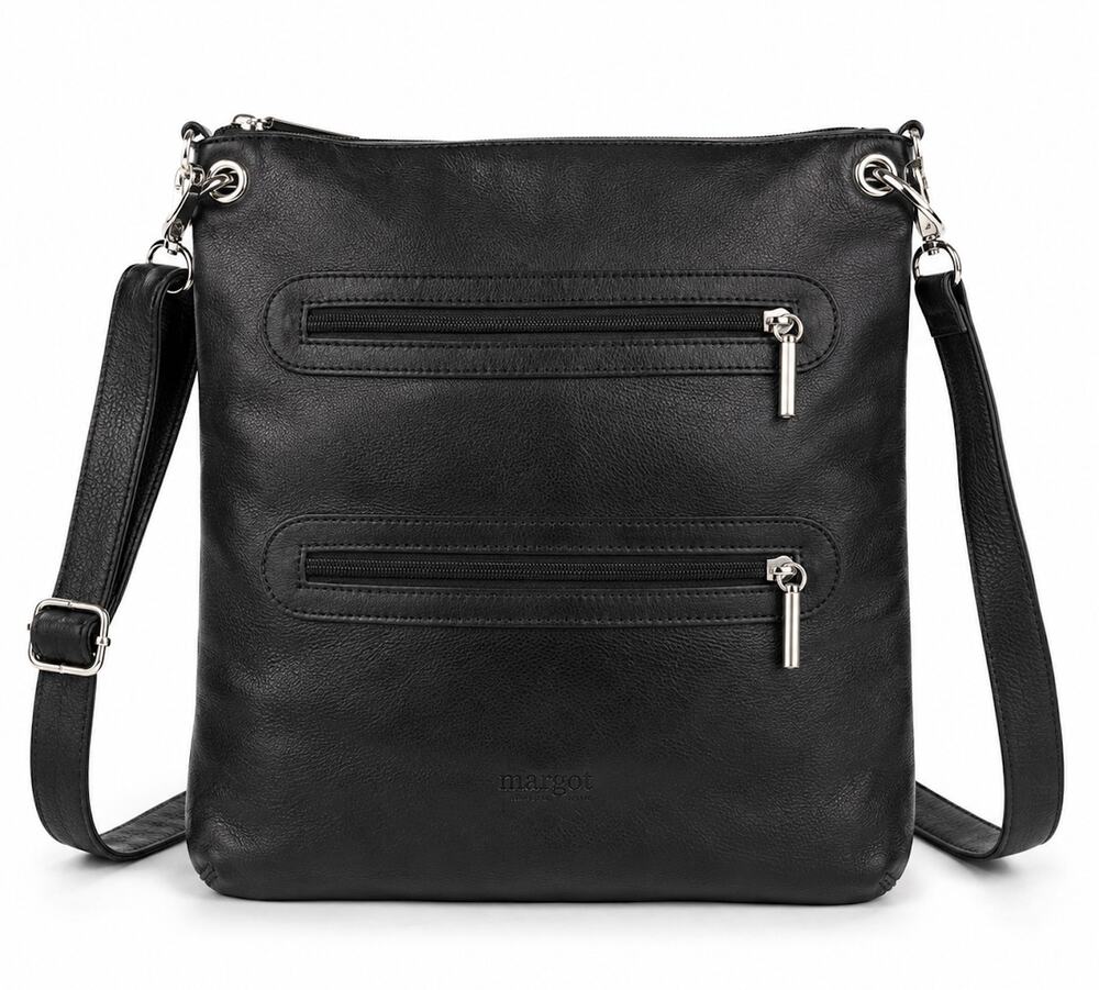 Margot New York Black Genuine Leather Crossbody Bag Double Zip Silver Hardware